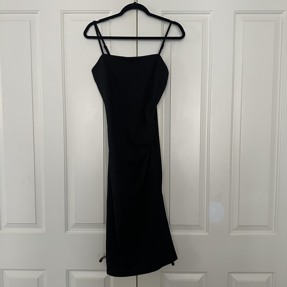 Black‎ Slip Dress Womens Small Square Neck Strappy Side Slit Midi Jersey
